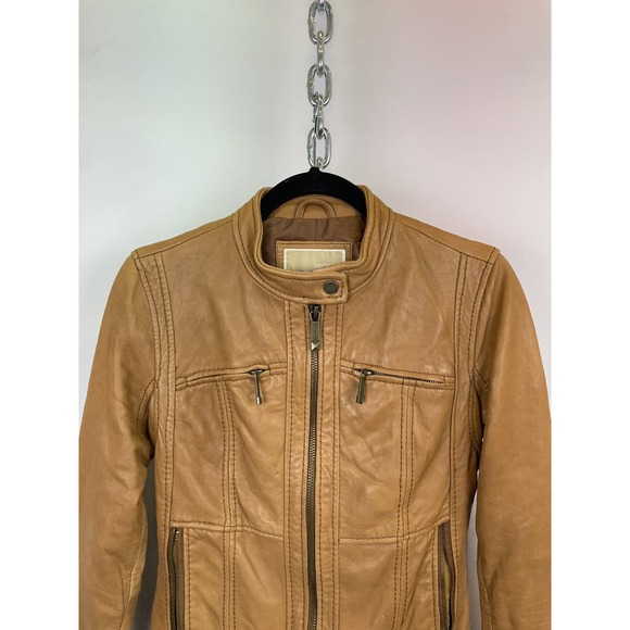 Micheal Kors Brown Leather Moto Jacket‎ Size Small - Picture 2 of 12